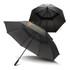 A black 76cm storm umbrella featuring a logo, showcasing a double canopy design.