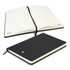 A black A5 notebook with lined pages, featuring an elastic band and a logo on the cover.