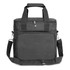 A black cooler bag featuring sturdy handles, a shoulder strap, and a front pocket with a logo.