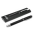 A black rollerball pen presented in a sleek box, featuring a logo on the pen and packaging.
