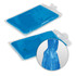 A blue emergency poncho packaged in a plastic wrapper, featuring a circular inset that highlights the poncho's design.