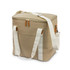 A beige canvas cooler bag with a white strap and leather accents, featuring a zip closure and side pocket.