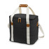 A black canvas cooler bag with white straps and a brown handle, featuring a zippered closure and pocket.