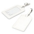 Aero Luggage Tag in white, featuring a clear identification panel and a metal attachment clip.