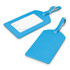 Aero Luggage Tag in bright blue, featuring a writable surface for personal information and a metal attachment clip.