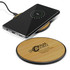 A bamboo wireless charger in a circular shape with a black base, alongside a smartphone displaying a charging status.