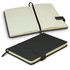 A black notebook with a textured cover, featuring lined pages and a ribbon bookmark. It has an elastic closure.