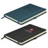 A notebook set featuring a dark teal and a black notebook, both with elastic bands and ribbon bookmarks. Each has a logo.