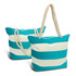 A teal and white striped tote bag with a rope handle, featuring two bags in the image.