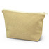 A beige cosmetic bag with a zip closure, featuring a textured fabric and a simple design. It has a branding logo.