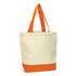 A canvas tote bag in cream with an orange base and handles, featuring a logo on the side.