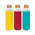 A drink bottle set featuring three glass bottles with bamboo lids and coloured neoprene sleeves in yellow, red, and teal.
