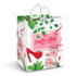 A large laminated paper carry bag featuring a floral design, red high heel graphic, and a logo.