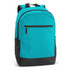 A turquoise backpack with a black bottom, featuring a zippered pocket on the front and padded shoulder straps.