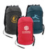 Three compact backpacks in grey, teal, and red, each featuring a logo on the front.