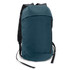 A compact backpack in a teal colour with black straps and a zippered front pocket. It features a logo.