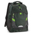 A green backpack with black accents, featuring mesh side pockets and zippers with bright green pulls.