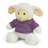 A plush toy lamb with cream fur and a purple shirt, featuring soft ears and a friendly expression.