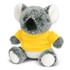 A grey koala plush toy wearing a yellow t-shirt, featuring a soft texture and round facial features.