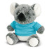 A grey plush koala toy wearing a blue shirt, featuring soft fur and a round face with big eyes.