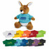 A kangaroo plush toy in brown with a blue t-shirt, surrounded by various coloured t-shirts for customization.