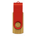 A bamboo flash drive with a red metal cap and a circular attachment hole. It features a logo on the surface.