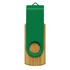 A green and bamboo flash drive featuring a swivel cap design and a circular hole for keyring attachment.