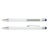 White barrel stylus pen with a silver clip and a blue rubber tip for touchscreen use. Features a branding logo.