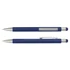 A navy stylus pen with a silver clip and tip. The pen features a ballpoint and a soft stylus end, and has a logo.