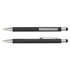 A black stylus pen with silver accents, featuring a smooth writing tip and a touch screen end. It has a logo.