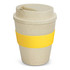 A drink bottle resembling a coffee cup, in natural tones with a yellow silicone band and lid. Features a logo.