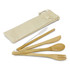 A bamboo cutlery set featuring a fork, knife, spoon, and a straw, stored in a natural fabric pouch.