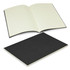 A medium black notebook with lined pages, featuring a soft cover and an open spread displaying blank lines.