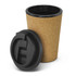 A drink bottle with a cork exterior and black lid, featuring a smooth surface and an interior lining.