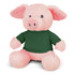 A pink pig plush toy with a green shirt, featuring soft fur and a friendly expression.