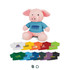 A pink plush pig wearing a blue t-shirt, alongside various miniature t-shirts in different colours and designs.