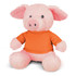 A pink plush pig toy wearing an orange shirt, featuring soft, rounded ears and a cute facial expression.