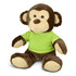 A brown monkey plush toy wearing a green shirt, featuring a friendly face and soft, cuddly texture.