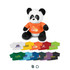 A plush panda toy wearing an orange T-shirt with a logo, surrounded by various miniature T-shirts in different colours.