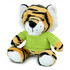 A plush tiger toy with orange and black stripes, wearing a green shirt and featuring a friendly facial expression.