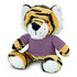 A cuddly tiger plush toy with orange and black stripes, dressed in a purple shirt, features a friendly expression.