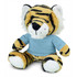 A plush toy tiger with black stripes and a blue shirt, featuring a soft, cuddly texture and expressive face.