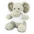 A grey elephant plush toy with large ears, wearing a white shirt, sitting on a flat surface.