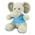 A plush elephant toy in grey with a blue shirt, featuring soft textures and a friendly expression.