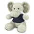 A grey elephant plush toy wearing a dark blue shirt, featuring large ears and a friendly expression.