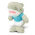 A plush shark toy in light green with a blue T-shirt and white belly, featuring a friendly smiling face.