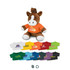 A brown plush horse toy wearing an orange shirt, with various smaller shirts in different colours laid out below.