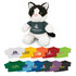 A soft black and white cat plush toy wearing a green T-shirt with a logo. Multiple other T-shirts in various colours are arranged below.