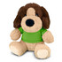 A brown and tan plush dog toy wearing a green shirt, featuring a round face and soft, floppy ears.