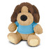 A plush dog toy with brown and tan fur, wearing a blue shirt, and a friendly expression. It has a branding logo.